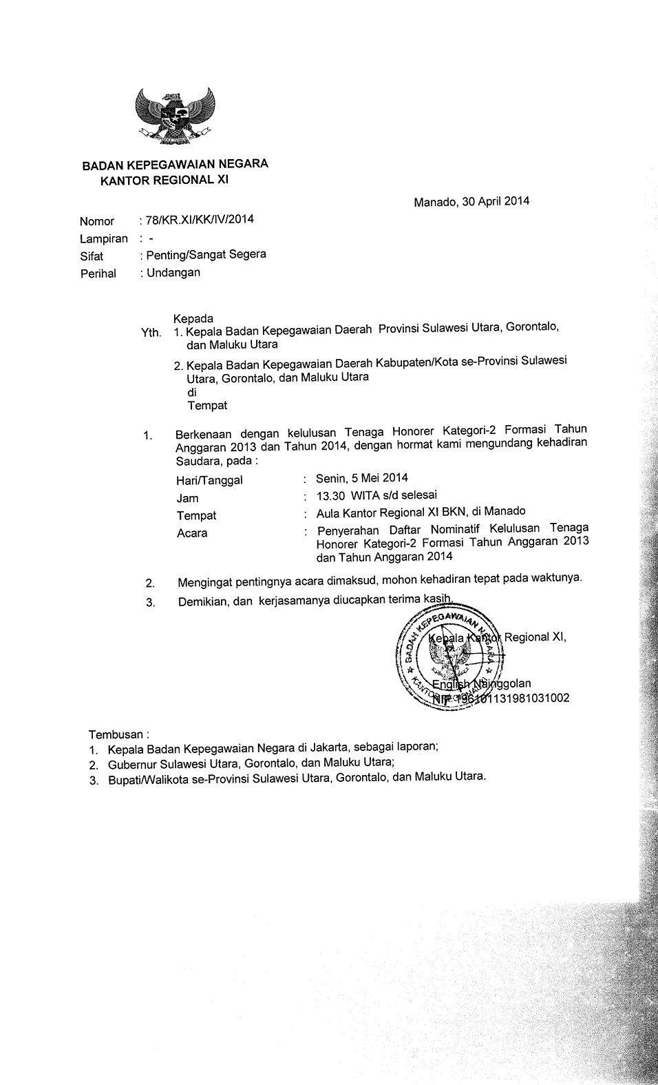 Surat undangan Penyerahan Daftar Nominatif TH K2 Formasi 